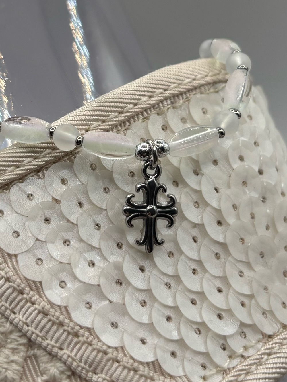 *ANKLET* S.Steel Cross & White with Purple Frosted Glass Stretchy Anklet - Picture 4 of 5
